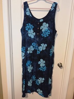 Blue Hawaiian Tropical Print Sleeveless Button-Front Dress